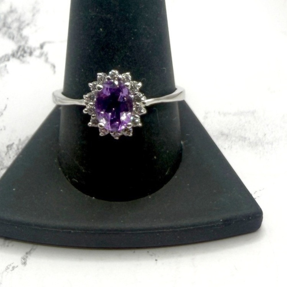 Amethyst (tested) Halo Ring Silver Tone February Birthstone Size 10.75 VIDEO